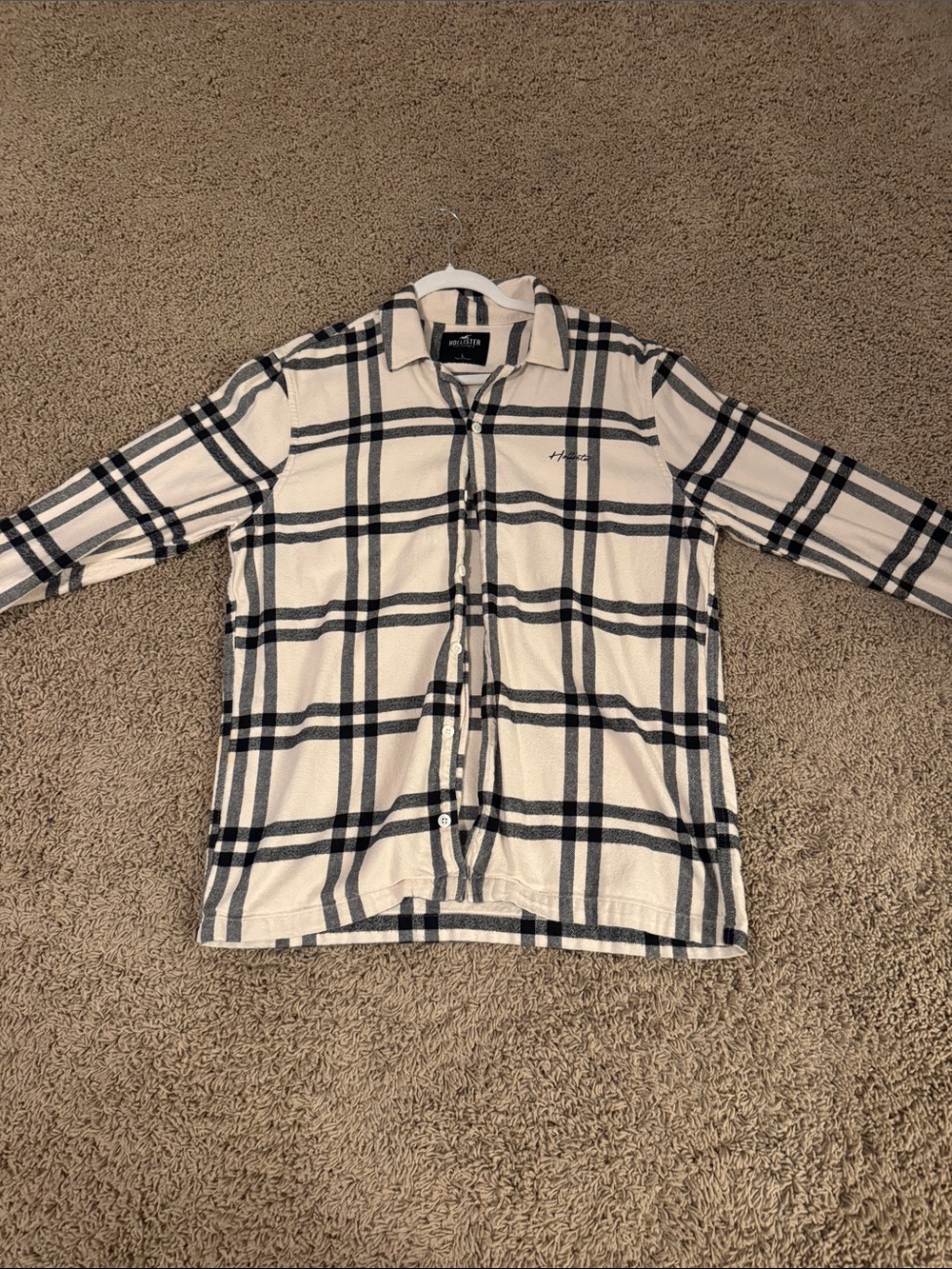 Hollister Cream and Black Plaid Lightweight Flannel Shirt Jacket